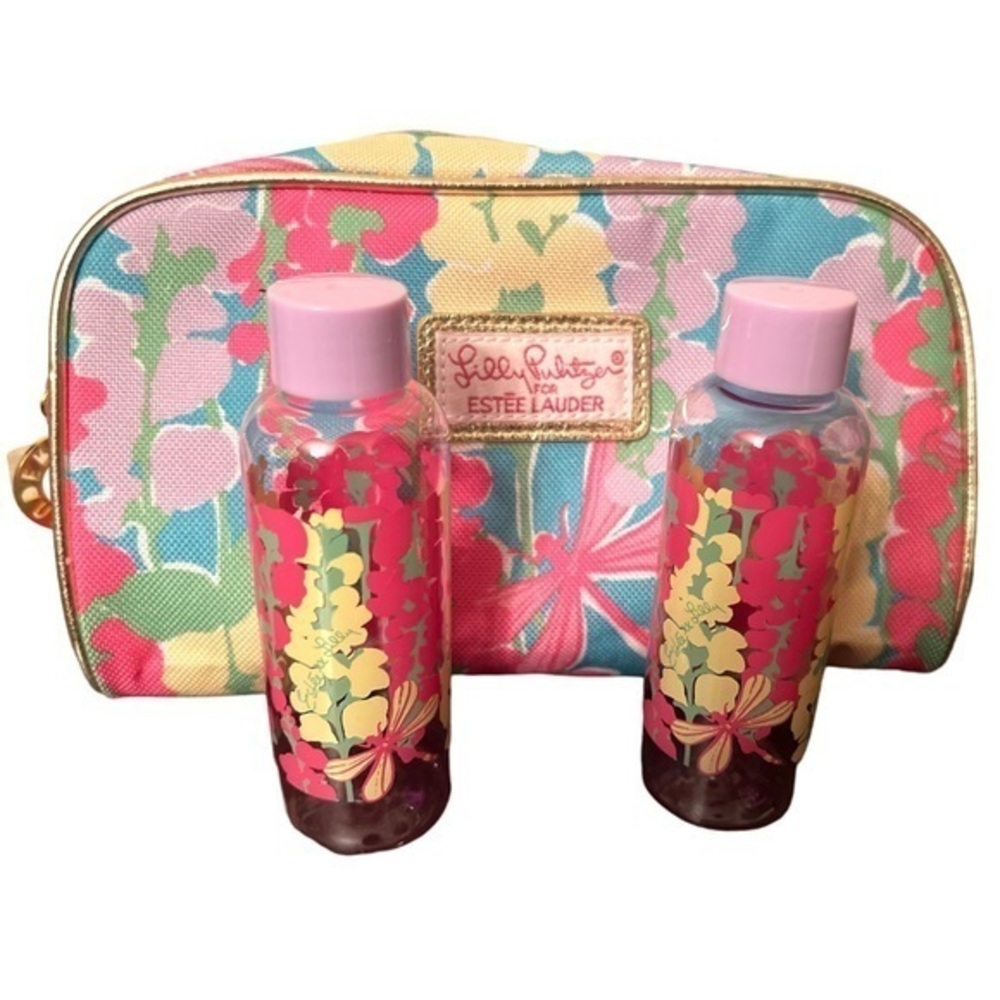 NEW Lilly Pulitzer estee lauder Makeup bag travel bottles floral print dragonfly